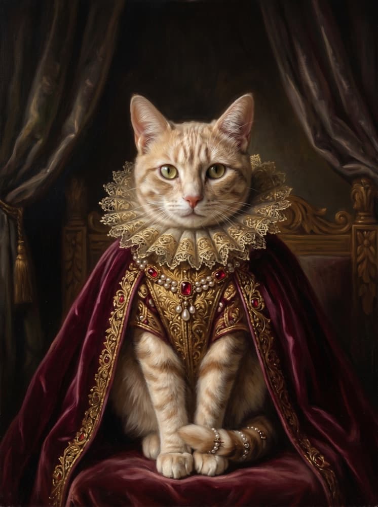Cleo reimagined as a royal oil portrait