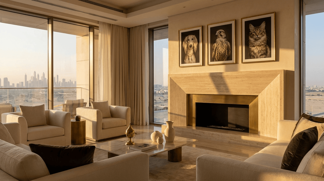 Framed pet portraits above a fireplace overlooking the Dubai skyline
