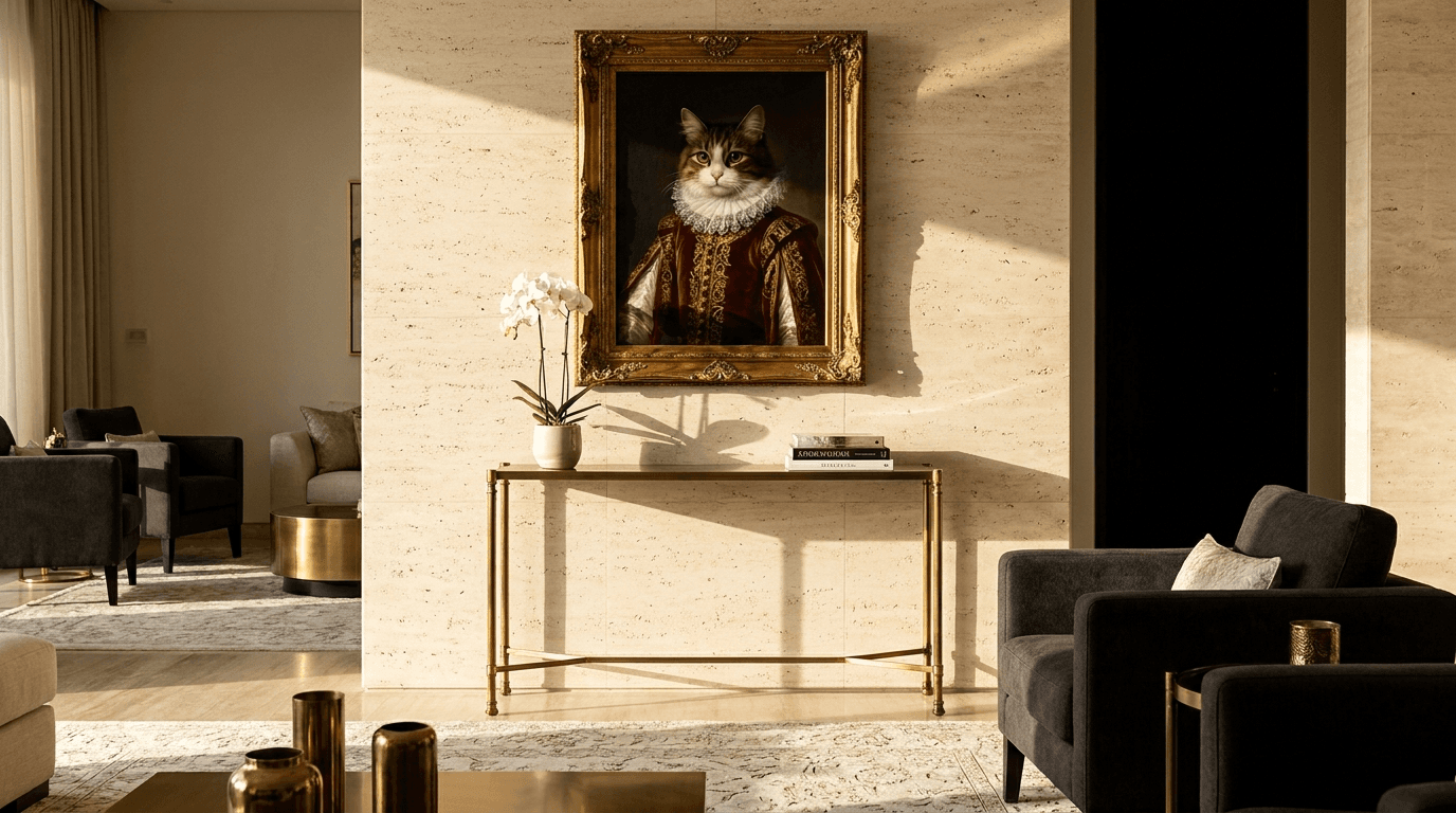A regal cat portrait framed above a brass console in a luxe Emirati living room