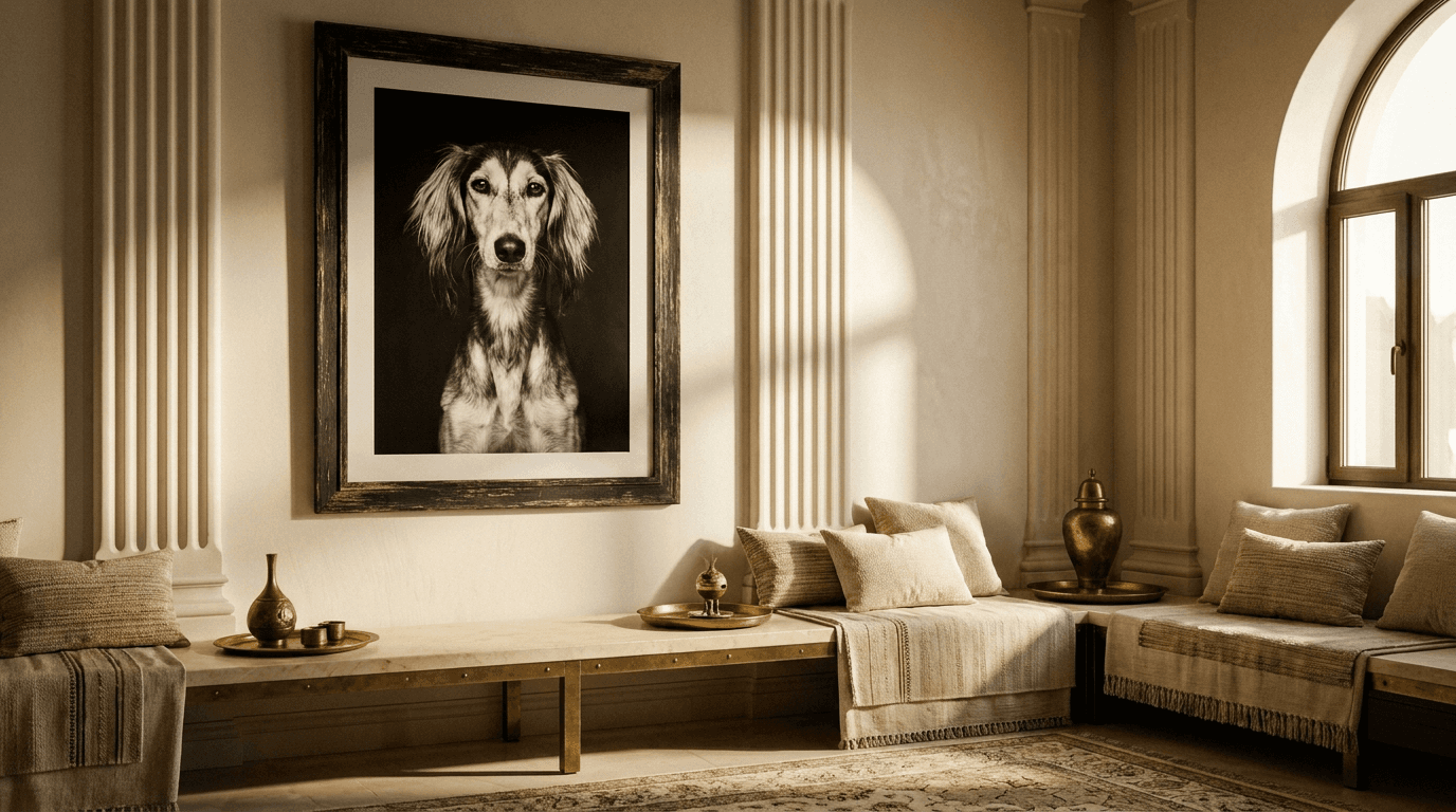 A noble Saluki portrait framed on a fluted wall in a serene Gulf majlis